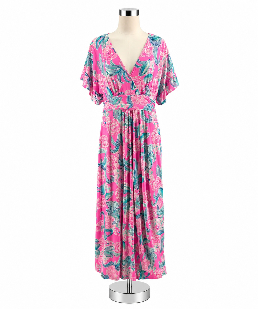 Lilly Pulitzer Floral Flutter Sleeve Maxi Dress Size XL - Pink, Blue, White